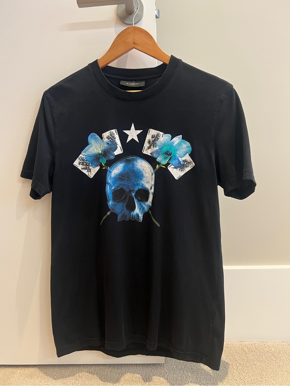 Givenchy Black Short-Sleeve Tee with Blue Skull & Floral Graphic